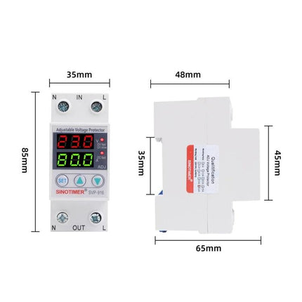 SINOTIMER Adjustable Voltage Protector for Home Circuits compact DIN-mount device with digital display and dimensions 85x35x65mm