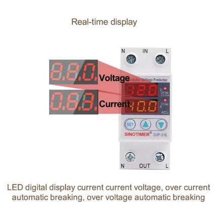 SINOTIMER Adjustable Voltage Protector for Home Circuits LED digital real-time display showing voltage and current on compact protector