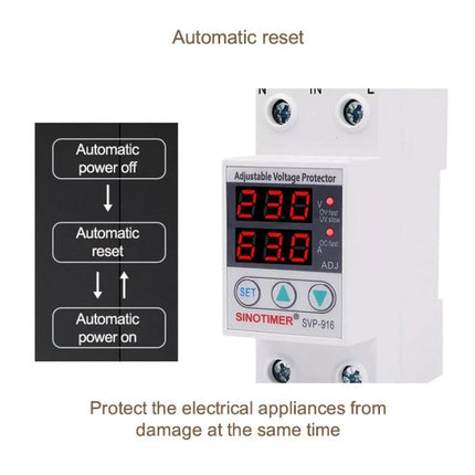 SINOTIMER Adjustable Voltage Protector for Home Circuits compact digital over/under-voltage protector with display showing 230V and 63A, automatic reset