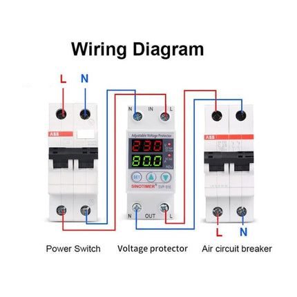 SINOTIMER Adjustable Voltage Protector for Home Circuits wiring diagram showing power switch, voltage protector connections, and air circuit breaker