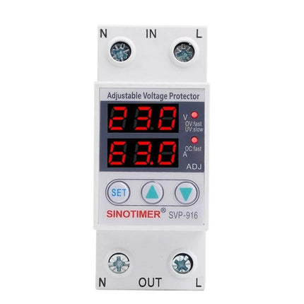 SINOTIMER Adjustable Voltage Protector for Home Circuits compact SVP-916 with digital display showing voltage and current, front view
