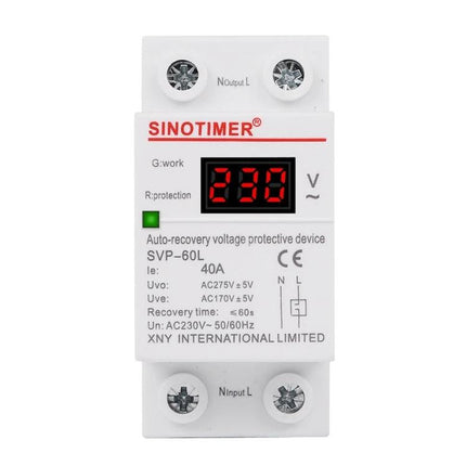 SINOTIMER Automatic Reset Under-Voltage Protector for Home Use compact SVP-60L with digital display showing 230V and LED indicator