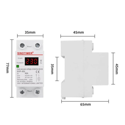 SINOTIMER Automatic Reset Under-Voltage Protector for Home Use compact DIN-rail unit with digital display and dimensions 77x35x65mm