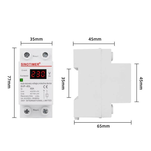 SINOTIMER Automatic Reset Under-Voltage Protector for Home Use compact DIN-rail unit with digital display and dimensions 77x35x65mm