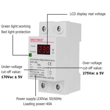 SINOTIMER Automatic Reset Under-Voltage Protector for Home Use compact white DIN-rail unit with LCD 230V display and status LEDs