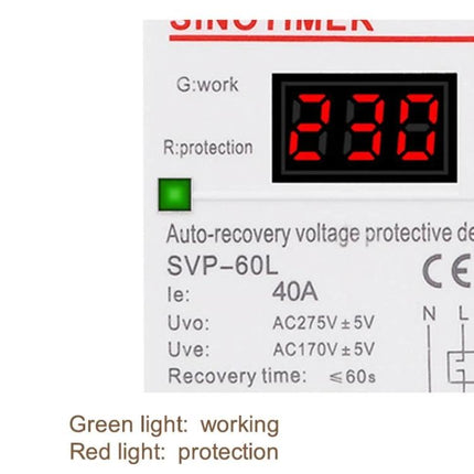 SINOTIMER Automatic Reset Under-Voltage Protector for Home Use compact unit showing digital 230V display and green indicator light