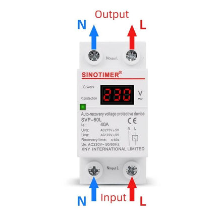 SINOTIMER Automatic Reset Under-Voltage Protector for Home Use compact under-voltage protector device with digital display showing 230V and labeled input/output