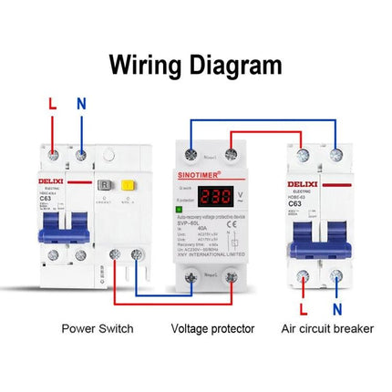SINOTIMER Automatic Reset Under-Voltage Protector for Home Use wiring diagram showing power switch, voltage protector and air circuit breaker