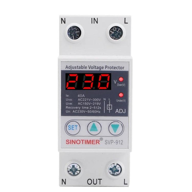 SINOTIMER Adjustable Under-Voltage Protector for Home Electrical Safety compact adjustable voltage protector SVP-912 showing 230V LED display and control buttons