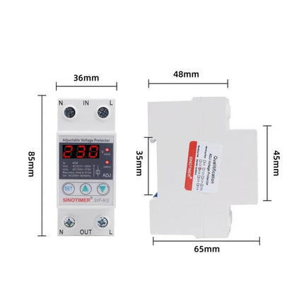 SINOTIMER Adjustable Under-Voltage Protector for Home Electrical Safety compact DIN-rail device with digital display and dimensional measurements