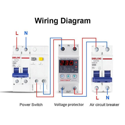 SINOTIMER Adjustable Under-Voltage Protector for Home Electrical Safety wiring diagram showing power switch, voltage protector, and air circuit breaker connections
