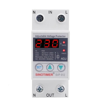 SINOTIMER Adjustable Under-Voltage Protector for Home Electrical Safety - SVP-912 compact adjustable voltage protector with digital display and set buttons