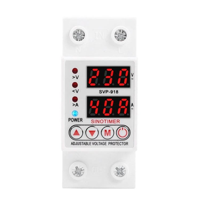 SINOTIMER Adjustable Under-Voltage Protector for Electrical Safety white DIN rail digital SVP-918 display showing 230V 40A