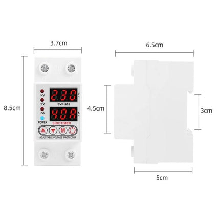 SINOTIMER Adjustable Under-Voltage Protector for Electrical Safety digital display and dimensions front and side view