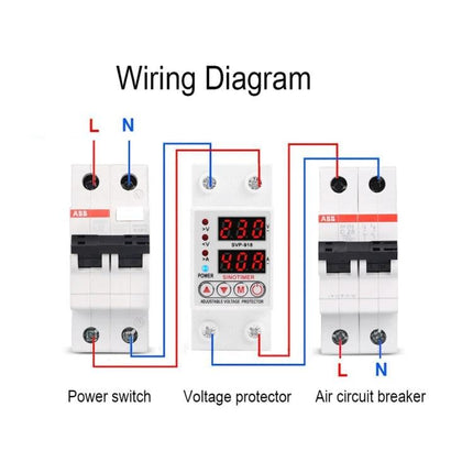 SINOTIMER Adjustable Under-Voltage Protector for Electrical Safety wiring diagram showing power switch, voltage protector and air circuit breaker connections