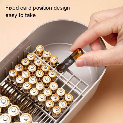 Household Battery Storage Box For Cables And Chargers, 3-Layer showing fixed card positions with organized AA batteries and easy pickup