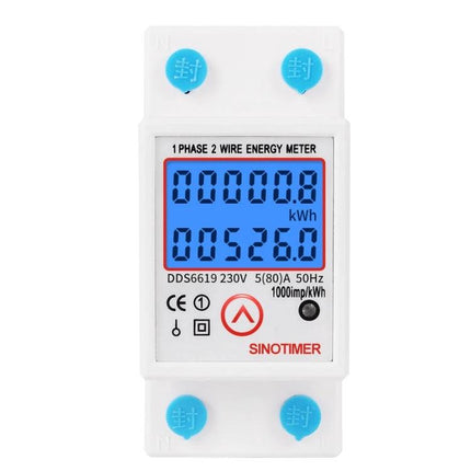 Sinotimer Single-Phase Electric Energy Meter with Backlight showing large backlit LCD displaying kWh and clear readings for home or workshop use