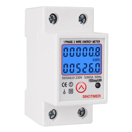 Sinotimer Single-Phase Electric Energy Meter with Backlight showing blue backlit LCD, DIN-rail mount, kWh display and tracking readings