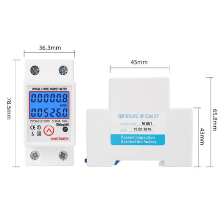 Sinotimer Single-Phase Electric Energy Meter with Backlight - DIN rail mounted meter front and side views with illuminated LCD and dimensions
