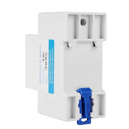 Sinotimer Single-Phase Electric Energy Meter with Backlight rear view DIN-rail housing and back clip, large LCD module visible, backlight-enabled meter