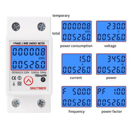 Sinotimer Single-Phase Electric Energy Meter with Backlight showing large backlit LCD displaying kWh, voltage, current, power, frequency and power factor