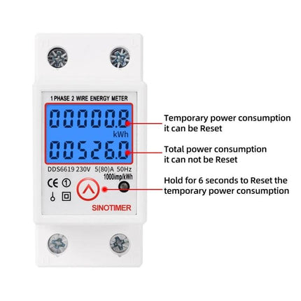 Sinotimer Single-Phase Electric Energy Meter with Backlight large LCD display showing temporary and total kWh readings with blue backlight