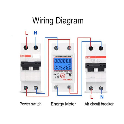 Sinotimer Single-Phase Electric Energy Meter with Backlight wiring diagram showing power switch, energy meter with backlight LCD, and air circuit breaker connections