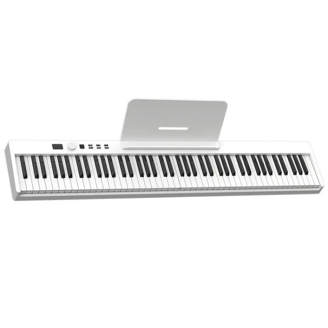 Compact Folding Electric Piano for Everyday Music Practice at Home - slim white folding keyboard on desk with music stand