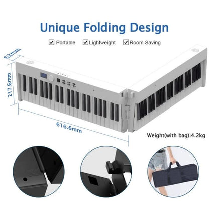 Compact Folding Electric Piano for Everyday Music Practice at Home shown folded with measurements, lightweight portable design and carrying bag