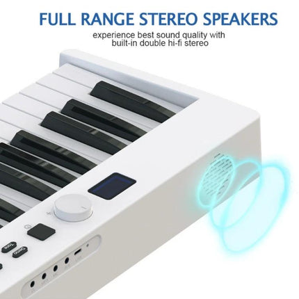 Compact Folding Electric Piano for Everyday Music Practice at Home showing white foldable keyboard with full range stereo speakers and controls