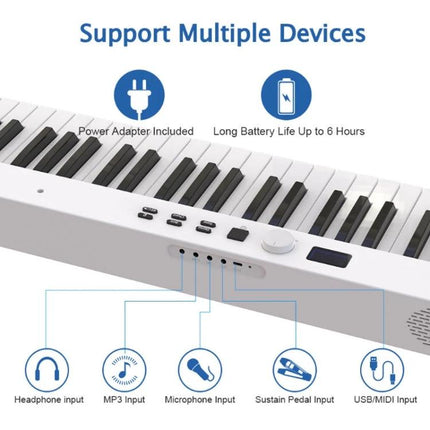 Compact Folding Electric Piano for Everyday Music Practice at Home showing keyboard, inputs (headphone, MP3, mic, sustain, USB/MIDI) and long battery life