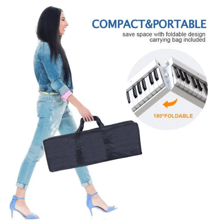 Compact Folding Electric Piano for Everyday Music Practice at Home - woman carrying folded keyboard in carrying bag, 180° foldable compact portable design