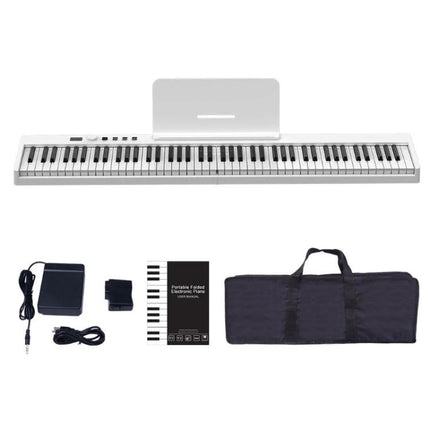 Compact Folding Electric Piano for Everyday Music Practice at Home - white foldable keyboard with stand, power adapter, manual and carry bag