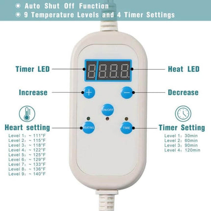 Heating Pad With Temperature Control For Pain Relief - controller remote showing 9 temperature levels, 4 timers, rapid heat, 30x60cm coverage