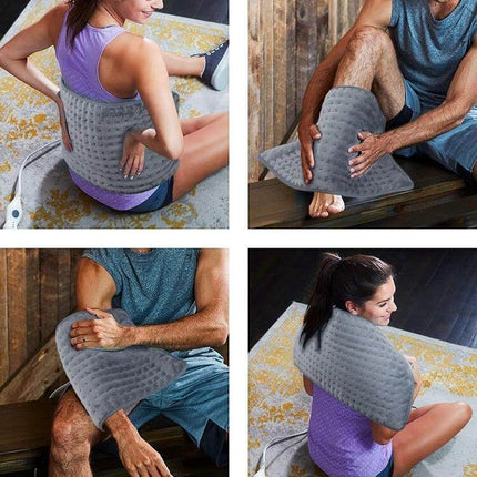 Heating Pad With Temperature Control For Pain Relief - large 30x60cm quick-heating pad with 9 temp levels, 4 timers, shown on back, knee, shoulder