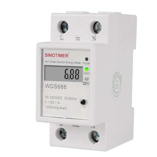 SINOTIMER Smart WiFi Power Meter for Home Energy Monitoring compact DIN-rail energy meter with LCD display showing usage