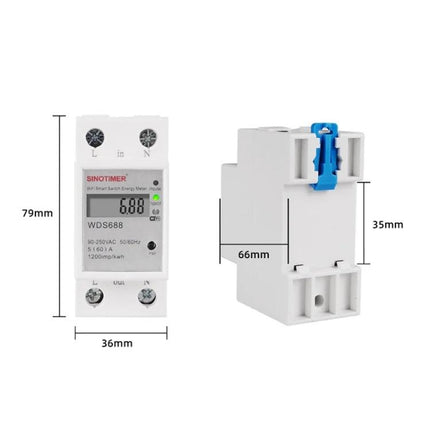 SINOTIMER Smart WiFi Power Meter for Home Energy Monitoring compact DIN rail energy meter with LCD display and dimensions
