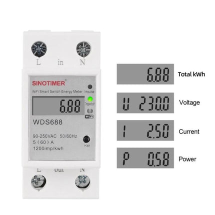 SINOTIMER Smart WiFi Power Meter for Home Energy Monitoring white DIN rail energy meter showing kWh, voltage, current and power readings