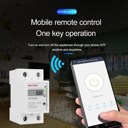 SINOTIMER Smart WiFi Power Meter for Home Energy Monitoring showing mobile app remote control and compact DIN-rail meter