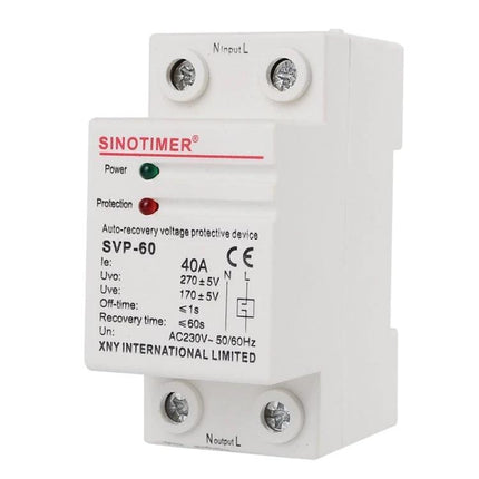 SINOTIMER Single-Phase Voltage Protector for Home Appliances compact DIN-mount SVP-60 with auto-recovery LEDs and 40A protection
