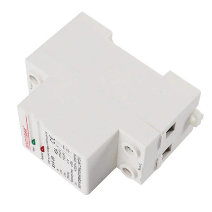 SINOTIMER Single-Phase Voltage Protector for Home Appliances white DIN rail mounted unit with status LEDs and terminal connections