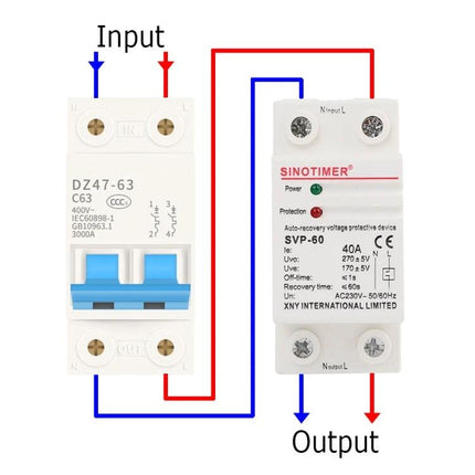 SINOTIMER Single-Phase Voltage Protector for Home Appliances shown wiring input and output connections with protection device and breaker