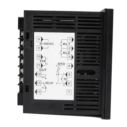 SINOTIMER PID Temperature Controller for Heating and Refrigeration - black PID controller unit with terminal wiring diagram and vents