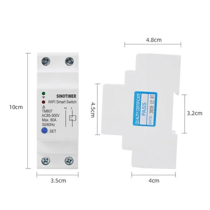 SINOTIMER WiFi Timer Switch for Remote Home Automation compact DIN-rail smart timer with dimensions and LED indicators