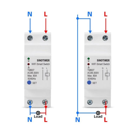 SINOTIMER WiFi Timer Switch for Remote Home Automation dual diagram showing neutral and live input and load wiring
