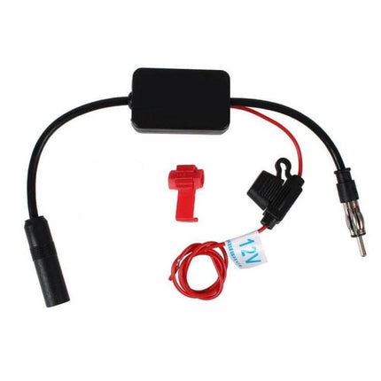Car DAB AM FM Radio Antenna for Vehicle Signal Reception - compact copper-powered inline amplifier with 12V wiring and connectors