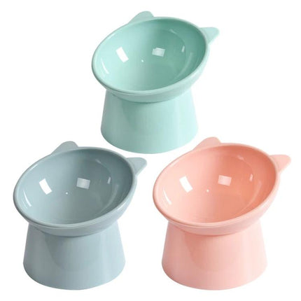 Practical Elevated Cat Food Bowl for Daily Home Use - three pastel elevated PP feeding bowls in mint, gray, and pink for ergonomic cat meals
