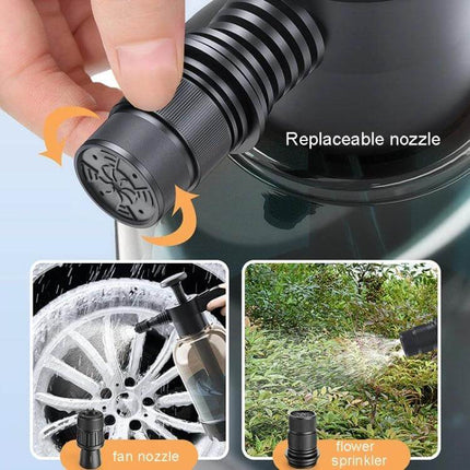 Handheld Foam Sprayer for Car Washing and Home Cleaning - replaceable nozzle showing fan nozzle and flower sprinkler uses