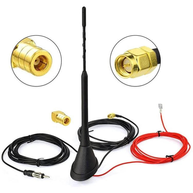 Roof Mounted DAB FM Antenna for Car Radio Signal Reception – black magnetic base with 7dB amplifier, gold SMA connectors and long red/black cables