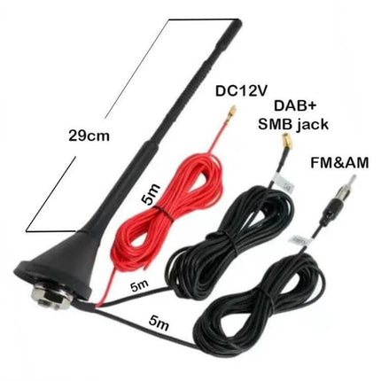 Roof Mounted DAB FM Antenna for Car Radio Signal Reception - 29cm roof mount with 7dB amplifier, DC12V, DAB+ SMB jack and FM&AM cables
